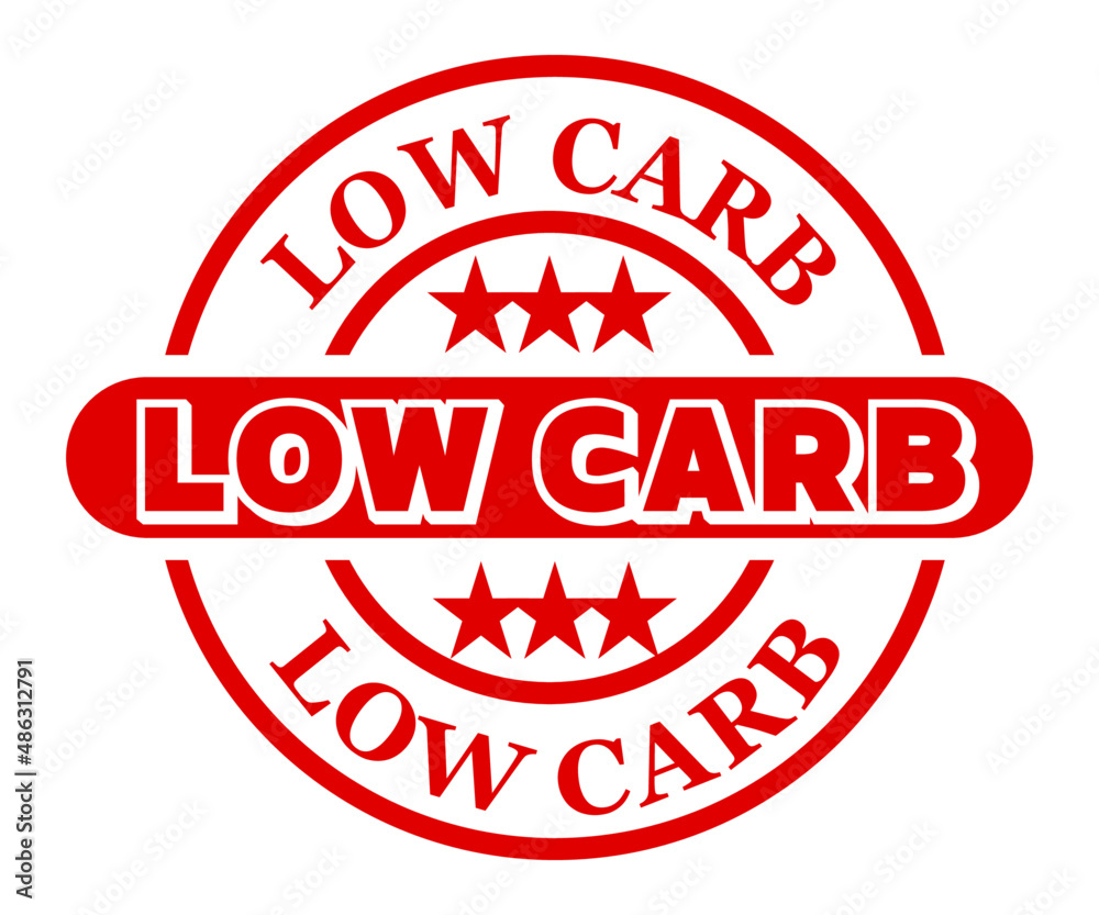 Low carb product sign. Information food label with red and white colors and text. Low carb product sign. Information food label with red and white colors and text.