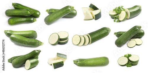 Set of fresh ripe zucchinis on white background. Banner design photo