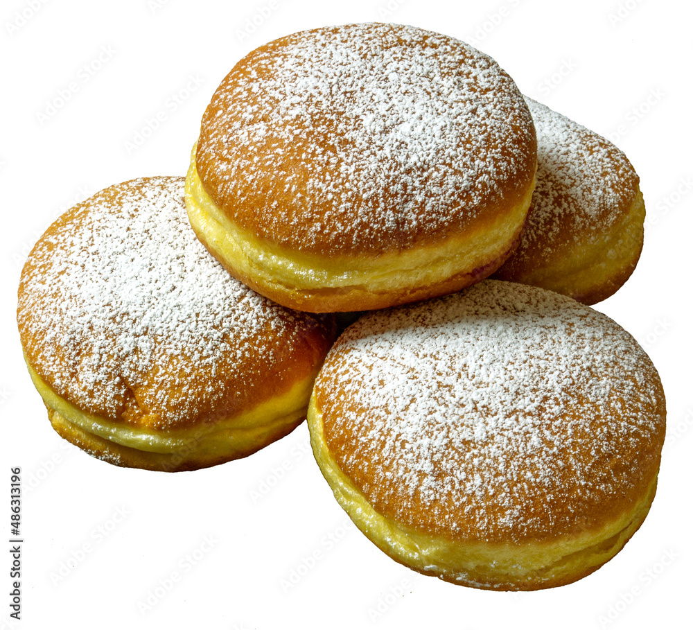 on white isolated Berliner Doughnuts European donuts Krapfen tradicional bakery for fasching carneval time