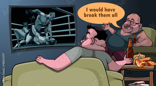 cartoon fat men criticizing fights looking at tv while sitting on sofas