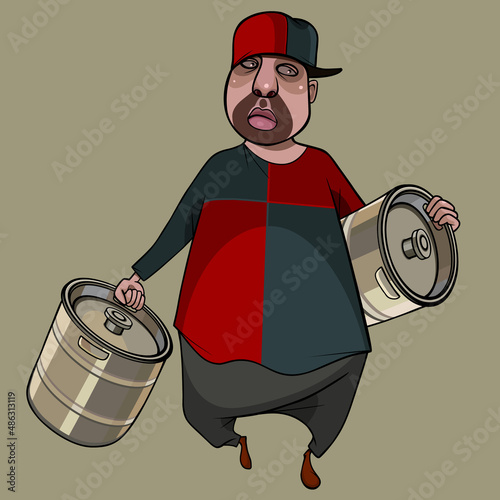 cartoon man fat man dragging two big metal kegs