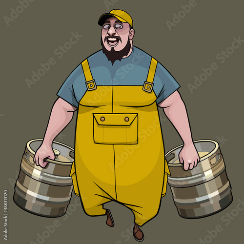 cartoon man in uniform dragging metal kegs in each hand