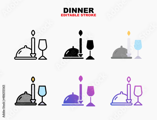 Diner with dish, glass and candle fire icon set with different styles. Editable stroke and pixel perfect. Can be used for digital product, presentation, print design and more.