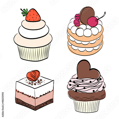 set of four cream pies decorated with cherries and strawberries birthday celebration, cherry in the form of a heart, valentine's day card, isolate on a white background,