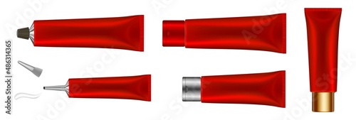 Set of red tubes with long nozzle and silver caps. Cosmetic packaging. Serum or ointment. Gel or cream. Vector illustration isolated on a white background. 3d. Toothpaste