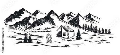 Camping in nature  Mountain landscape  sketch style  vector illustrations.