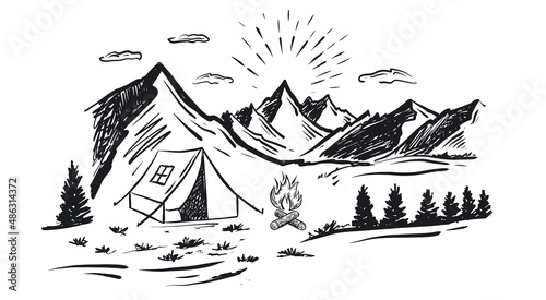 Camping in nature, Mountain landscape, sketch style, vector illustrations.