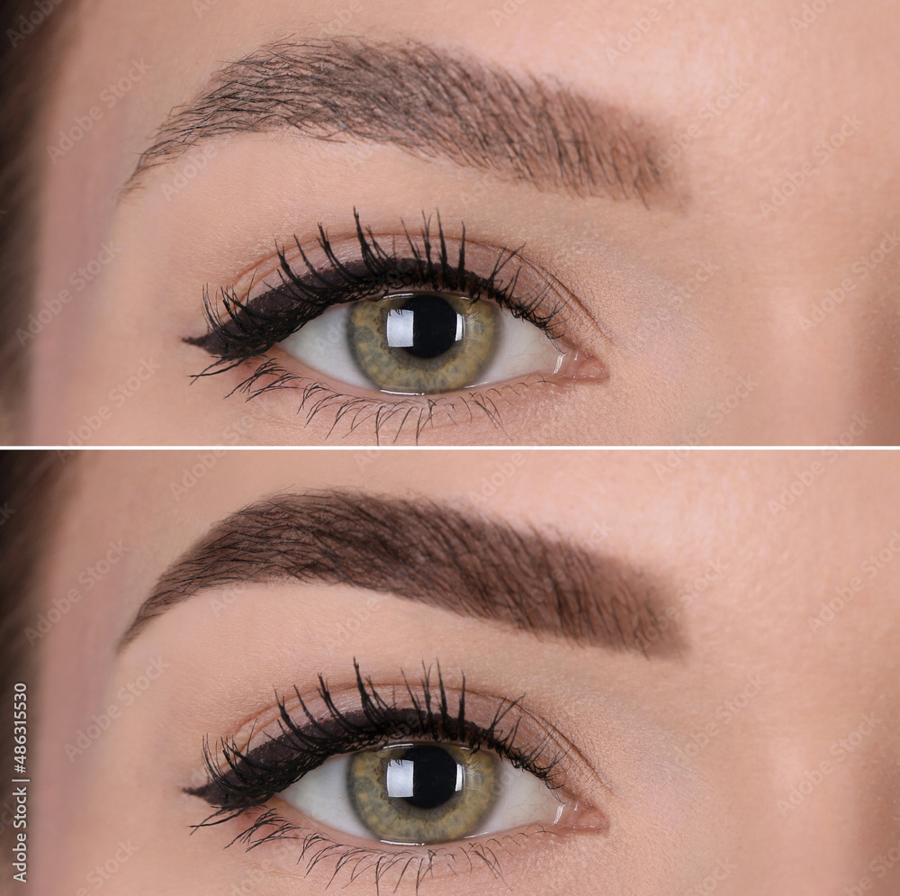 Obraz premium Collage with photos of young woman before and after permanent makeup procedure, closeup