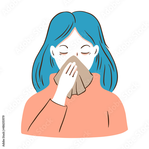 Portrait of a cold woman with a runny nose and a handkerchief. The girl is sick with coronavirus or flu. Vector hand drawn illustration.