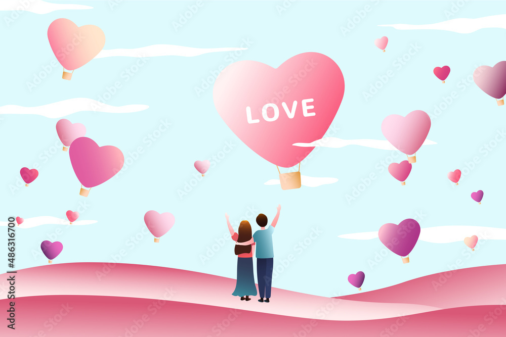 Valentines day illustration. Lovers waving to pink heart shaped hot air balloons in the sky. Valentines day illustration. Lovers waving to pink heart shaped hot air balloons in the sky.