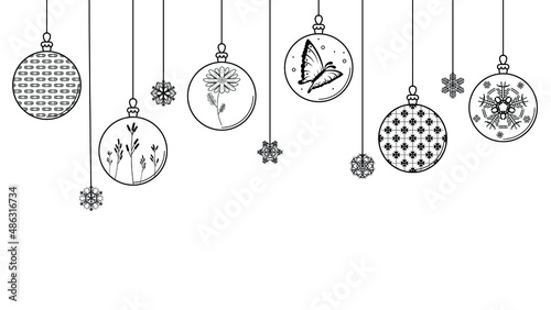 Black Doodle Outline Simple Line Abstract Merry Christmas Xmas Balls With Snowflakes Holiday Decorations Happy New Year Background Vector Design Style