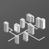 isometric city. modern smart building and  skyscraper isolated on dark grey background with copy space