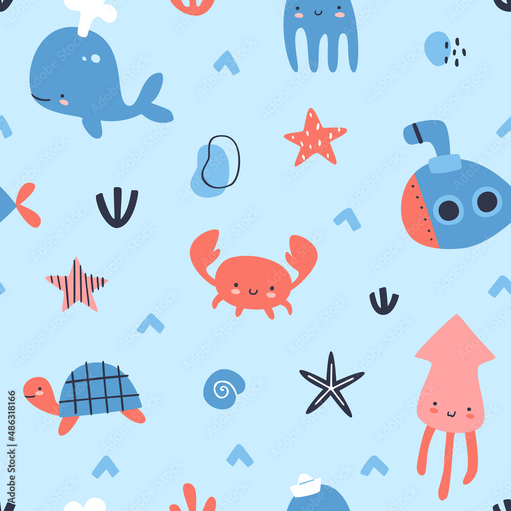 Cute underwater sea pattern with marine life. Doodle seamless vector ...