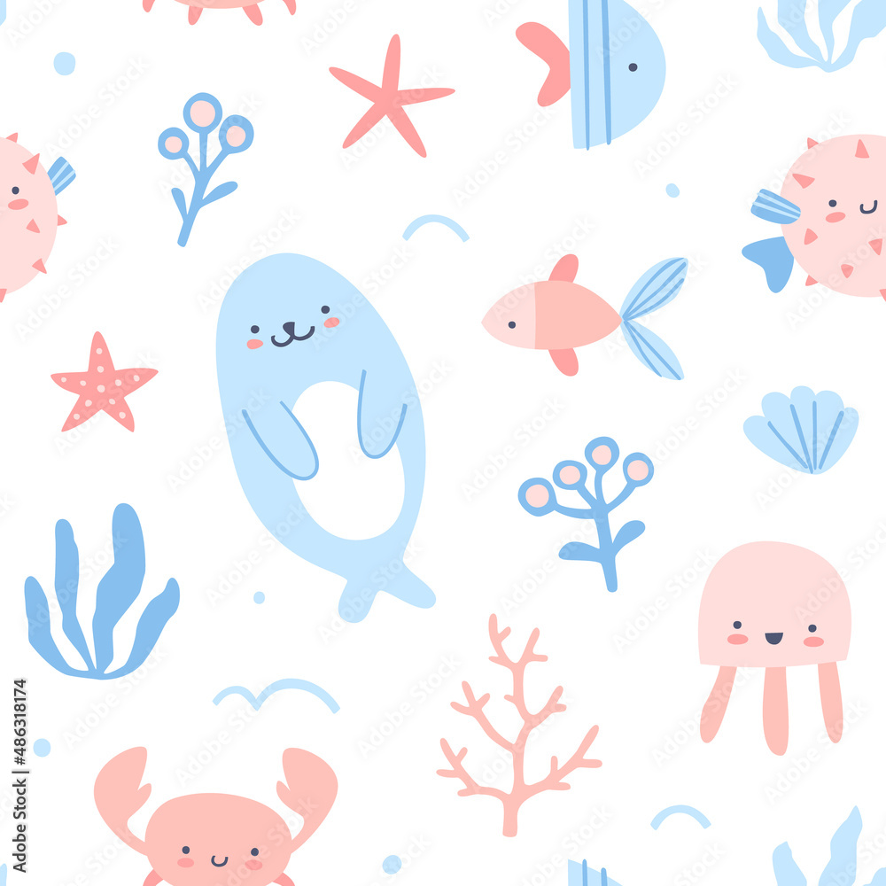 Cute sea life underwater pattern. Seamless doodle vector baby print for textile, fabric, nursery.