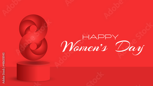8 March Happy Women is Day festive 3D scene in the room for a greeting card mockup decoration with text, composition eight number on a cylindrical podium with shadow on red isometric background.