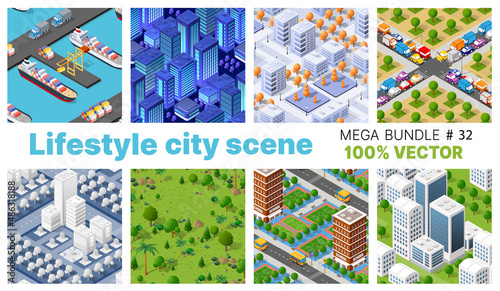 The city's lifestyle scene set illustrations on urban themes with houses, cars, people, trees and parks. photo