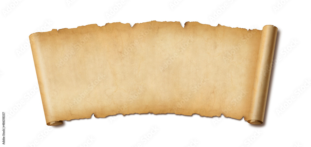 Old paper horizontal banner. Parchment scroll isolated on white with shadow