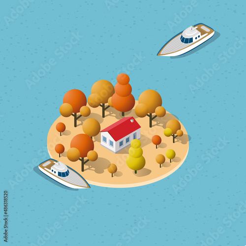 Isometric sea with island and yacht ship illustration.