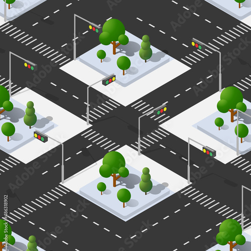 Isometric Street crossroads 3D illustration of the city quarter with streets