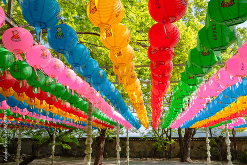 Buddha's birthday colorful lanterns at Bunhwangsa temple in Gyeongju, Korea (translation is Buddha's birthday) photo