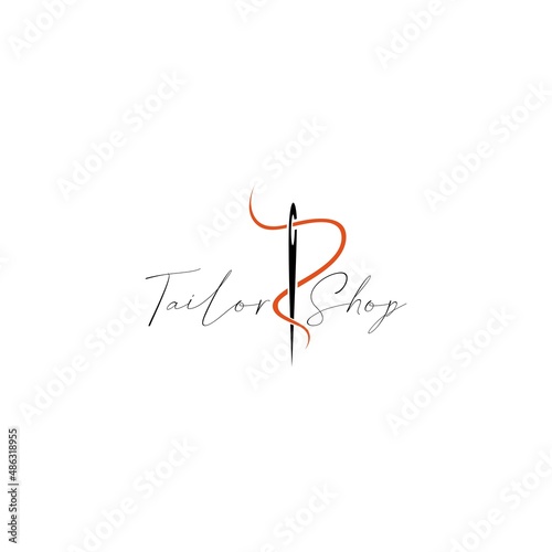 Tailor icon logo with needle and thread in lettering style vector design template. Identity for fashion, clothing business, or handmade craft.