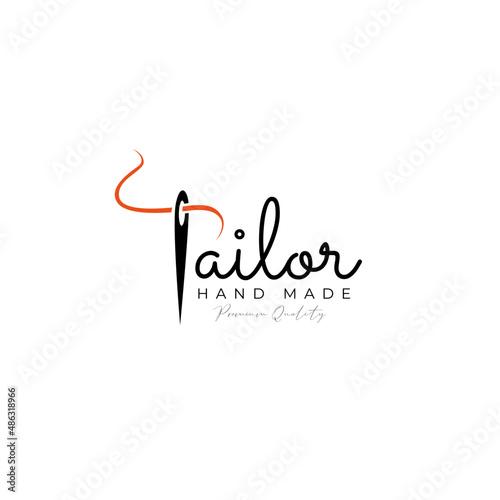 Tailor icon logo with needle and thread in lettering style vector design template. Identity for fashion, clothing business, or handmade craft.