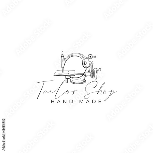 Tailor icon logo with sewing machine classic in hand drawn style vector design template. Identity for fashion, clothing business, or handmade craft.