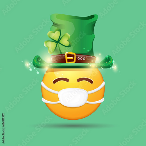 Vector Emoji sticker with mouth medical protection mask and saint Patricks green hat isolated on green background. Yellow st. Patricks smile face character with hat and white surgeon mask. photo