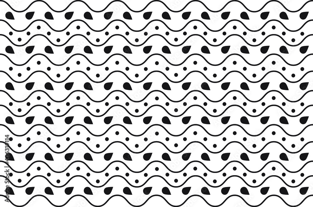 Seamless black and white wave pattern with dots and drop shapes. Vector seamless monochrome textile wave pattern. Seamless black and white wave pattern with dots and drop shapes. Vector seamless monochrome textile wave pattern.