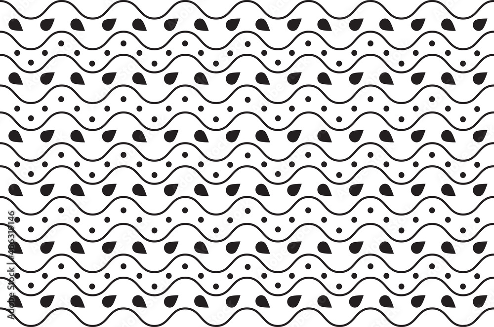 Seamless black and white wave pattern with dots and drop shapes. Seamless monochrome textile wave pattern. Seamless black and white wave pattern with dots and drop shapes. Seamless monochrome textile wave pattern.