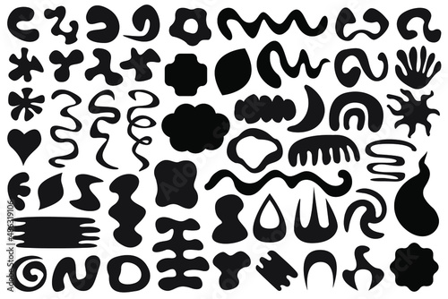 Flat vector shapes  geometric black and white design elements. Memphis abstract forms  black figures in boho stile  liquids  fluids  waves and zigzags isolated on white background.