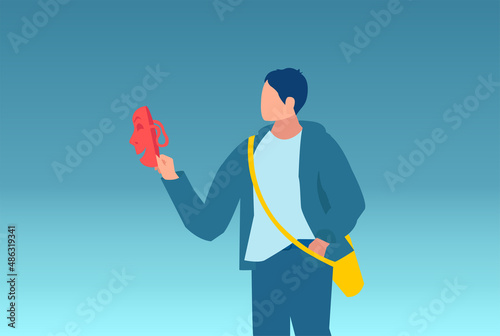 Vector of a young man holding smiling mask thinking about being or acting like another person.