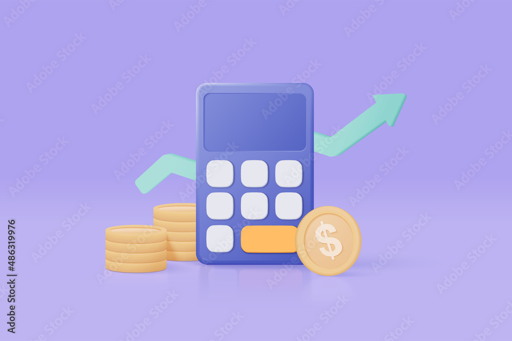 3d minimal calculator vector render concept of financial management. calculating financial risk planning, calculator with coins stack and arrow graph with 3d vector concept on pastel purple background - obrazy, fototapety, plakaty 