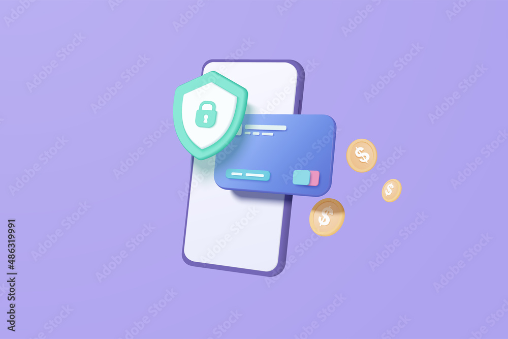 © Vector Stock Pro - 3D credit card money financial security for online shopping, online payment credit card with payment protection concept. 3d vector render for business finance, shopping with mobile security concept