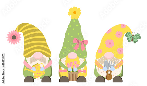 Cute cartoon spring gardening gnomes holding a watering can, flowers in a basket, gardening tools. Isolated on white background. Spring gardening banner design.