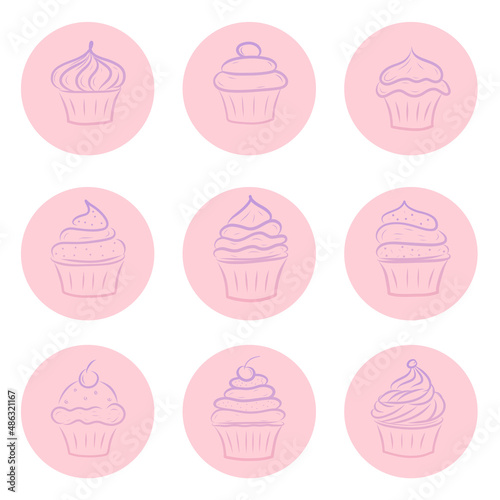 a set of nine round pink icons with the image of cakes, an icon for social media ads, web design, a menu icon, a flat crafting gradient