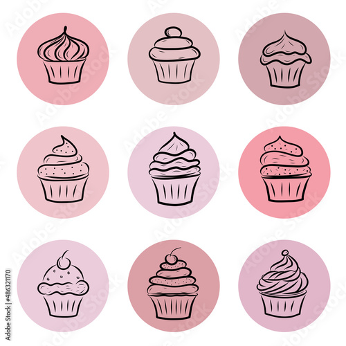 a set of nine round pink icons with the image of cakes, an icon for social networks, web design, an icon for menus, flat crafting black outline