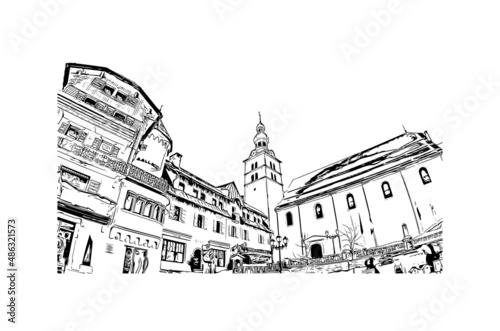 Building view with landmark of Megeve is the 
commune in France. Hand drawn sketch illustration in vector.