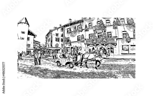 Building view with landmark of Megeve is the 
commune in France. Hand drawn sketch illustration in vector.