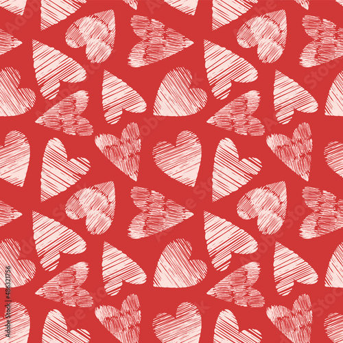 Happy Valentine's Day, seamless vector pattern with hearts. Manual hatching. For fabrics, cards, paper, backgrounds. Vector illustration