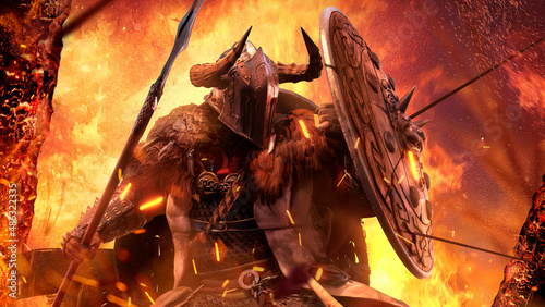 A northern warrior in armor made of metal and skins is protected from arrows by a wooden shield with beautiful carvings, he has helmet with horns and spear, a bright fire and an icarus 3d rendering
