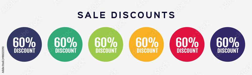 Promotion sales.60% off sale discount. Six round  sticker, emblem, coupon set. Vector illustration for advertising and shopping.