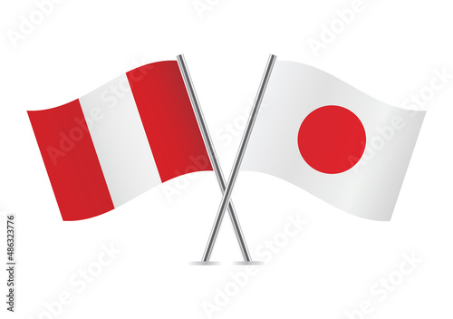 Peru and Japan crossed flags. Peruvian and Japanese flags, isolated on white background. Vector icon set. Vector illustration. 