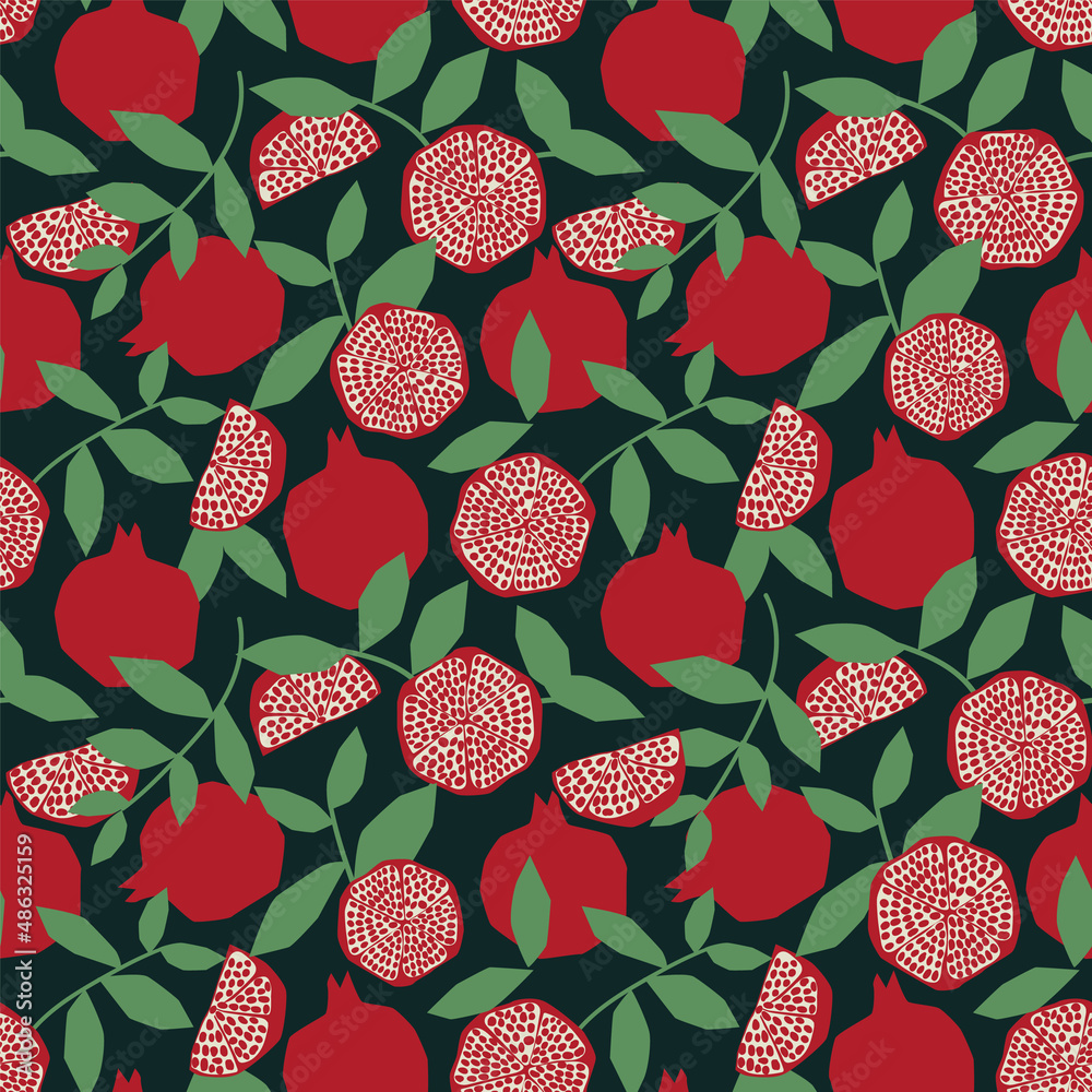 Abstract pomegranate fruit seamless repeat pattern background print in a simple Scandinavian style. Exotic fruit vector design.
