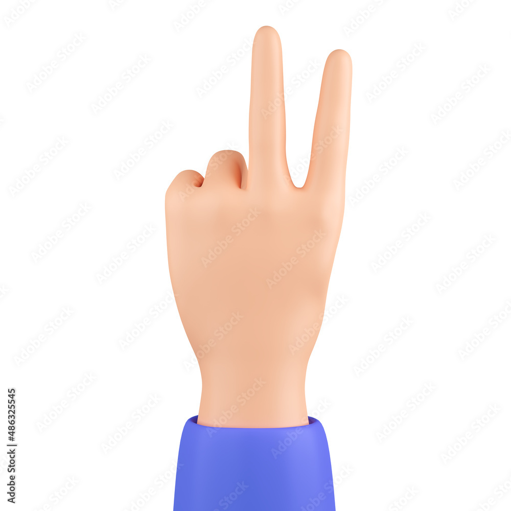 Hand shows peace symbol, cartoon style. Middle and index fingers up. 3d illustration. Hand shows peace symbol, cartoon style. Middle and index fingers up. 3d illustration.