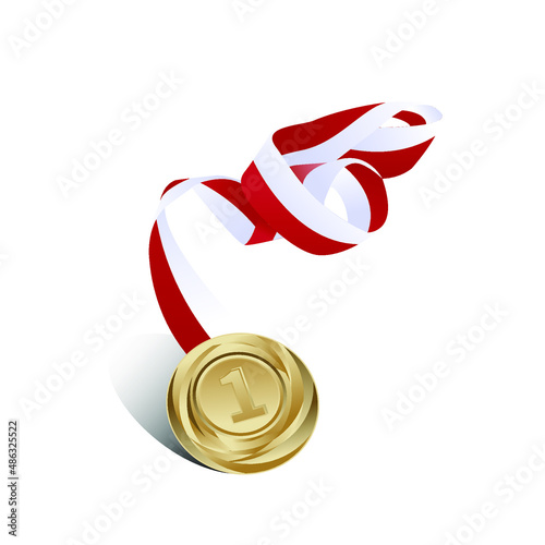 Gold Medal Vector. 1st Gold Champion Badge. Sports Game Gold Challenge Award. Red and white ribbon. white background