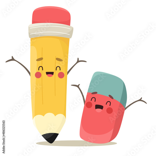 Funny pencil and eraser, school or office supplies. Vector illustration in cartoon style.