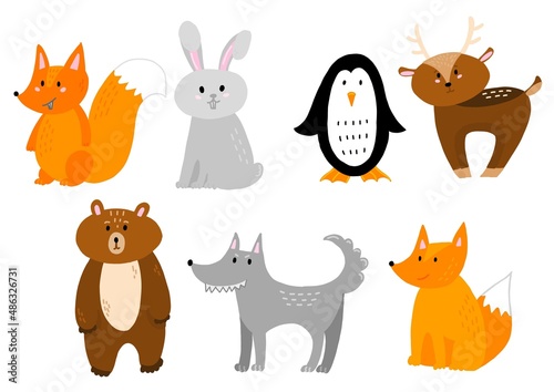 Fototapeta Naklejka Na Ścianę i Meble -  
Vector illustration of cute forest animals on a white background. Winter animals in flat style including fox, squirrel, wolf, bear, deer, hare and penguin.