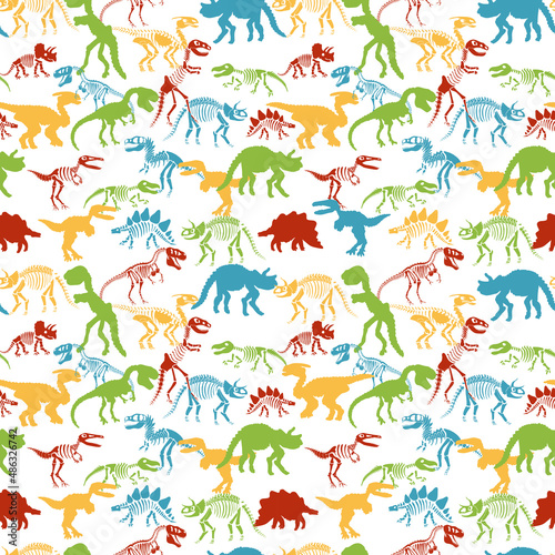 Colorful Dinosaur skeletons seamless pattern