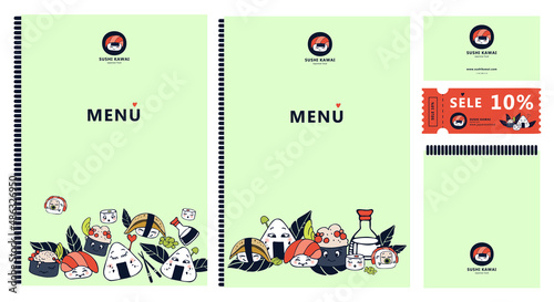 Cute kawaii Sushi family, rolls. Vector corporate identity of the restaurant, sushi bar, menu sale card, coupon discounts. Japanese food with emotions, cartoon style. Kawai illustration.